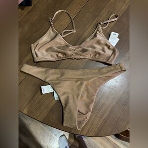 NWT Aerie metallic golden sparkle two piece bikini top and bottom set size M/L